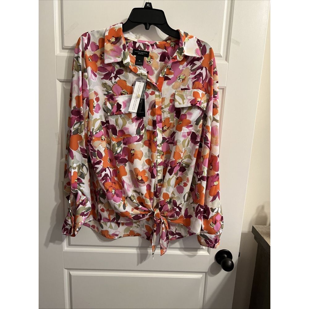 Investments Women's Floral Print Tie Front Button Down Blouse Size 1X NWT